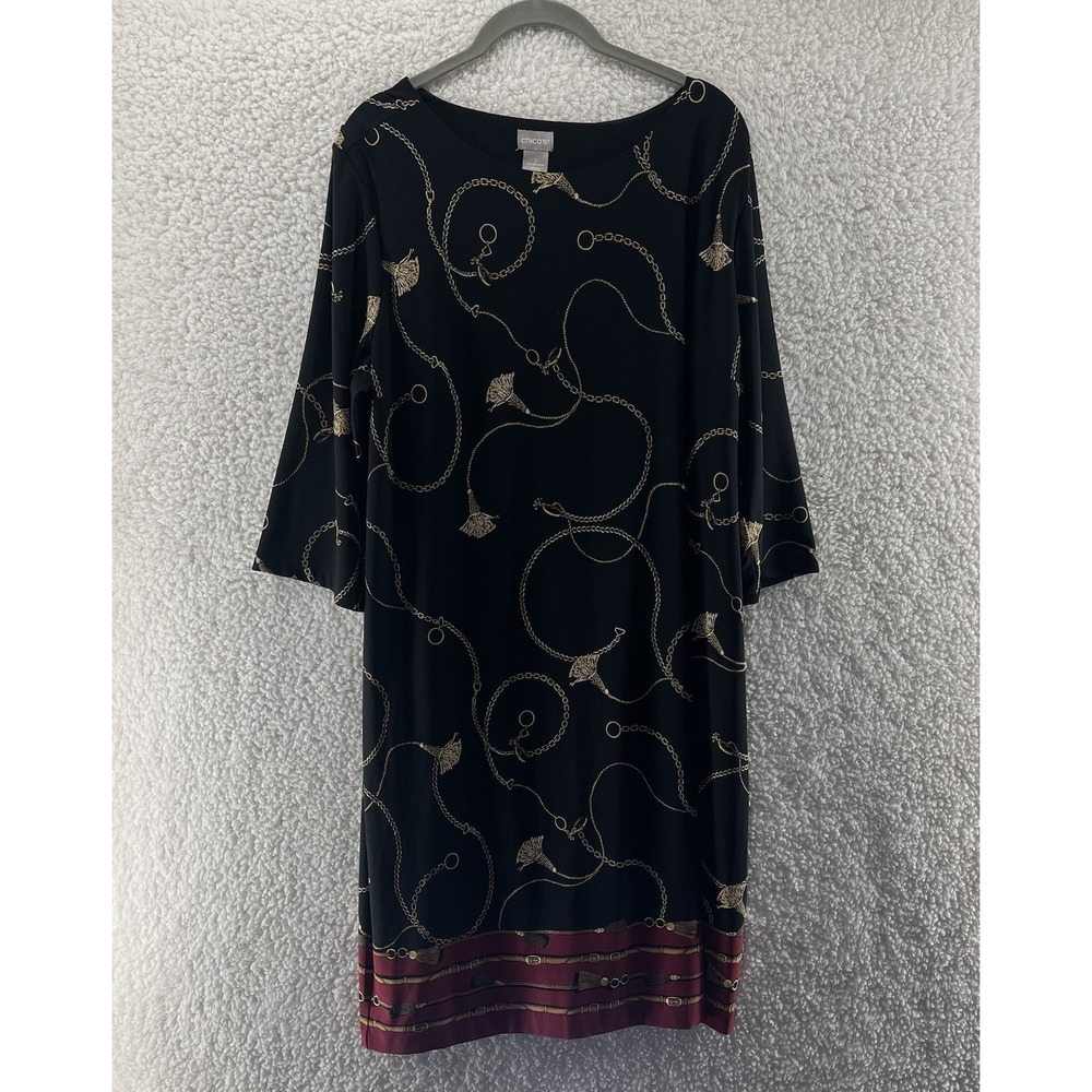 Chicos Womens Shift Dress Sz 3 16 18 Black Gold Chain Equestrian Shift‎ Dress